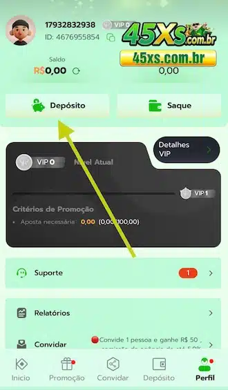 Entre na sua conta de apostas e escolha a opção "Deposito".