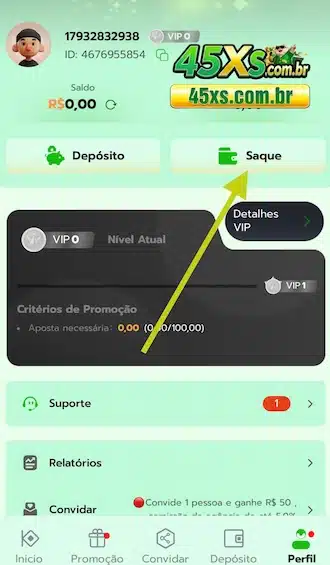 Depois, vá até a parte de gerenciamento da conta e escolha a opção "SAQUE".