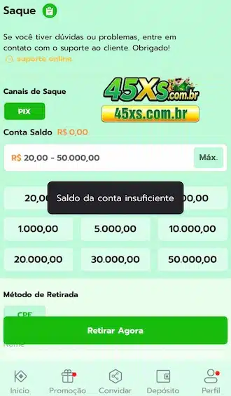 Volte para a tela de saque da 45X e coloque o valor que você quer mandar para a sua conta.