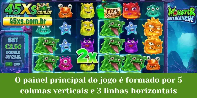O painel principal do jogo é formado por 5 colunas verticais e 3 linhas horizontais